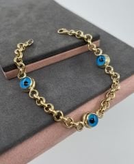 14 AYAR ALTIN DOCH ÜÇ NAZAR BONCUKLU BİLEKLİK